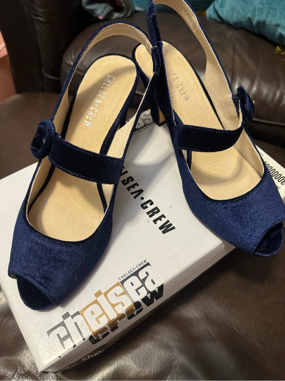 chelsea crew Navy Velvet Peep-Toe Slingback Heels